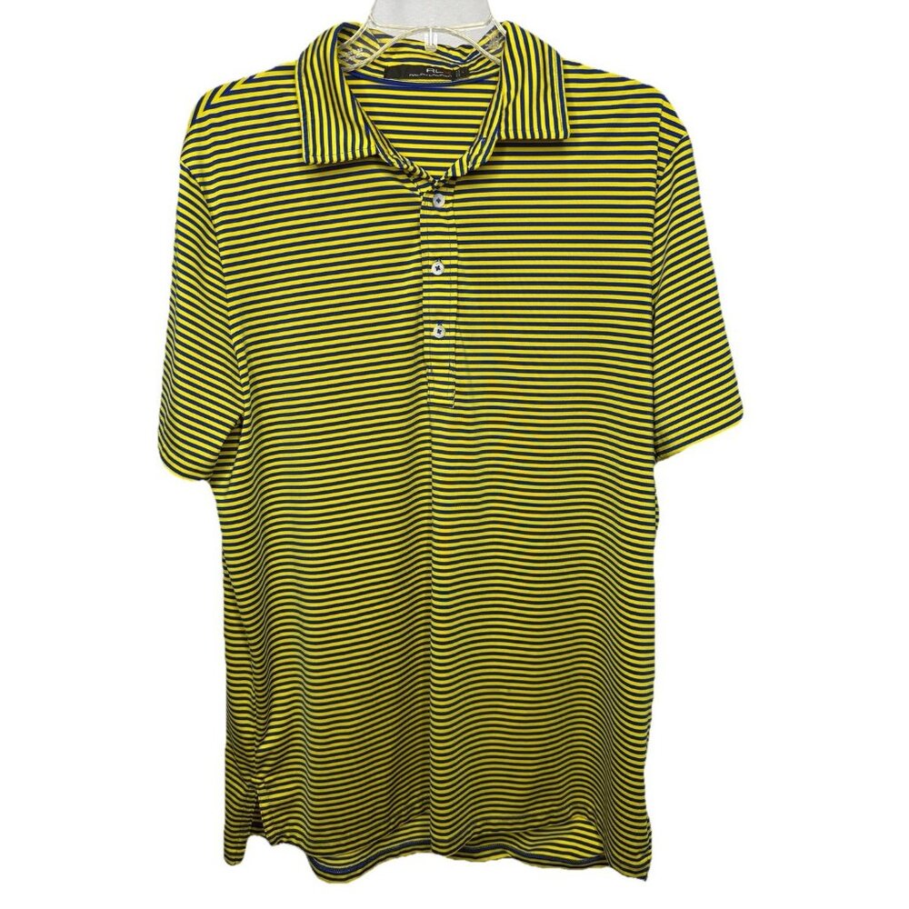 RLX Ralph Lauren Men's Large Yellow Blue Stripe Short‎ Sleeve Polo Shirt Golf